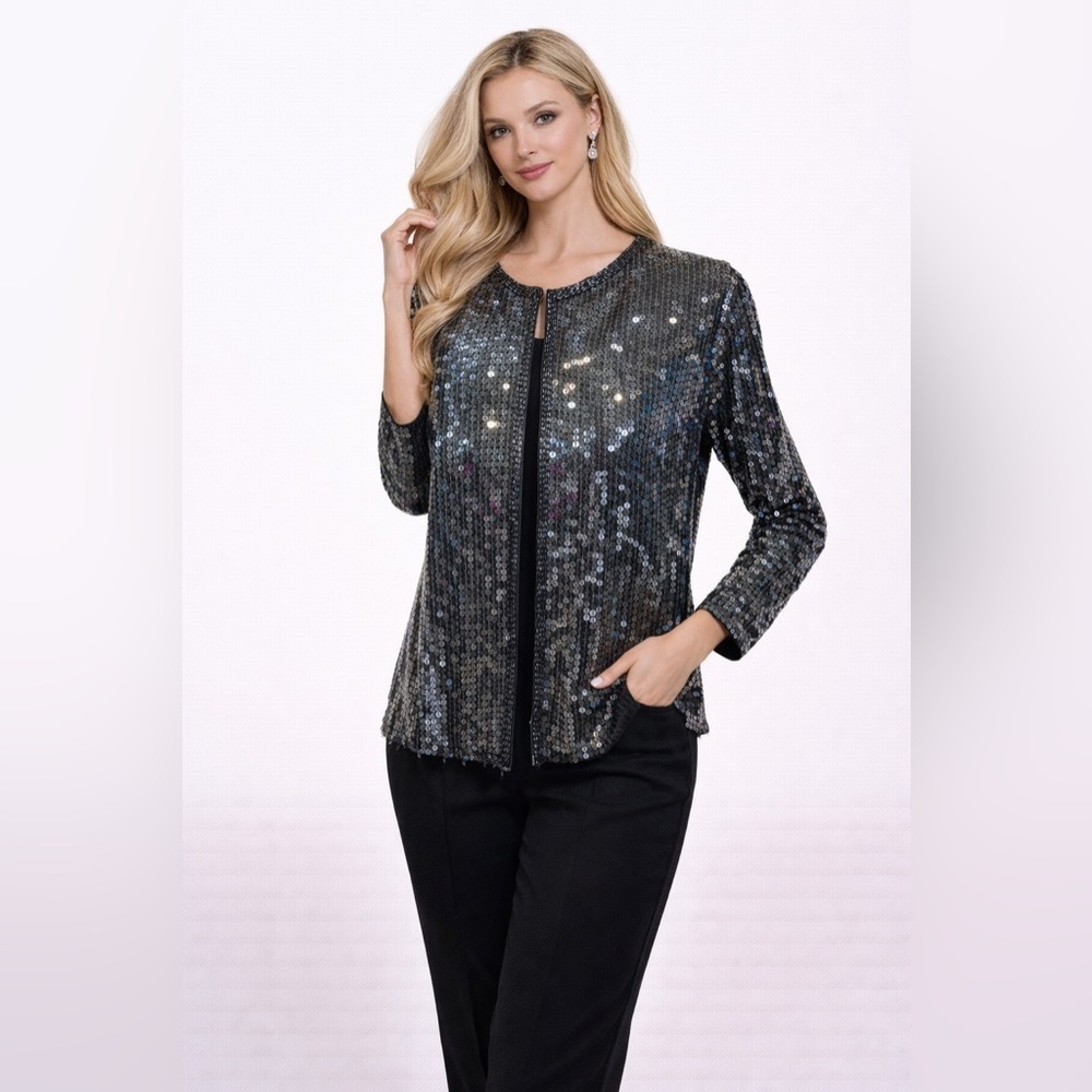 Stenay Silk Sequin Beaded Jacket Women’s M Black Evening Party Holiday Top